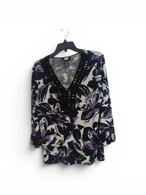 Studio 1940 Purple, Black and White Floral V-Neck Blouse